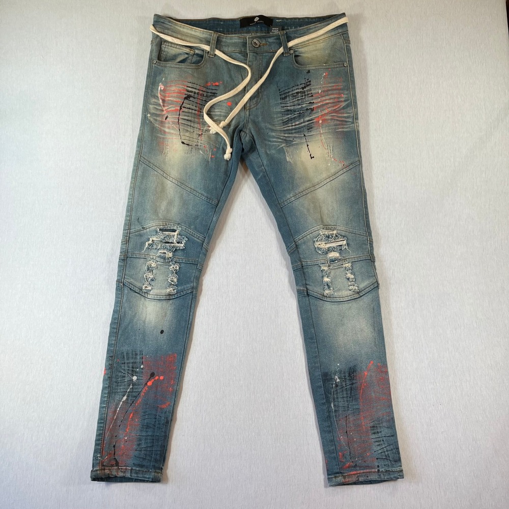 Focus Jeans Mens 34x32 (Fit 34x30) Distressed Slim Fit Paint Splatter Stretch